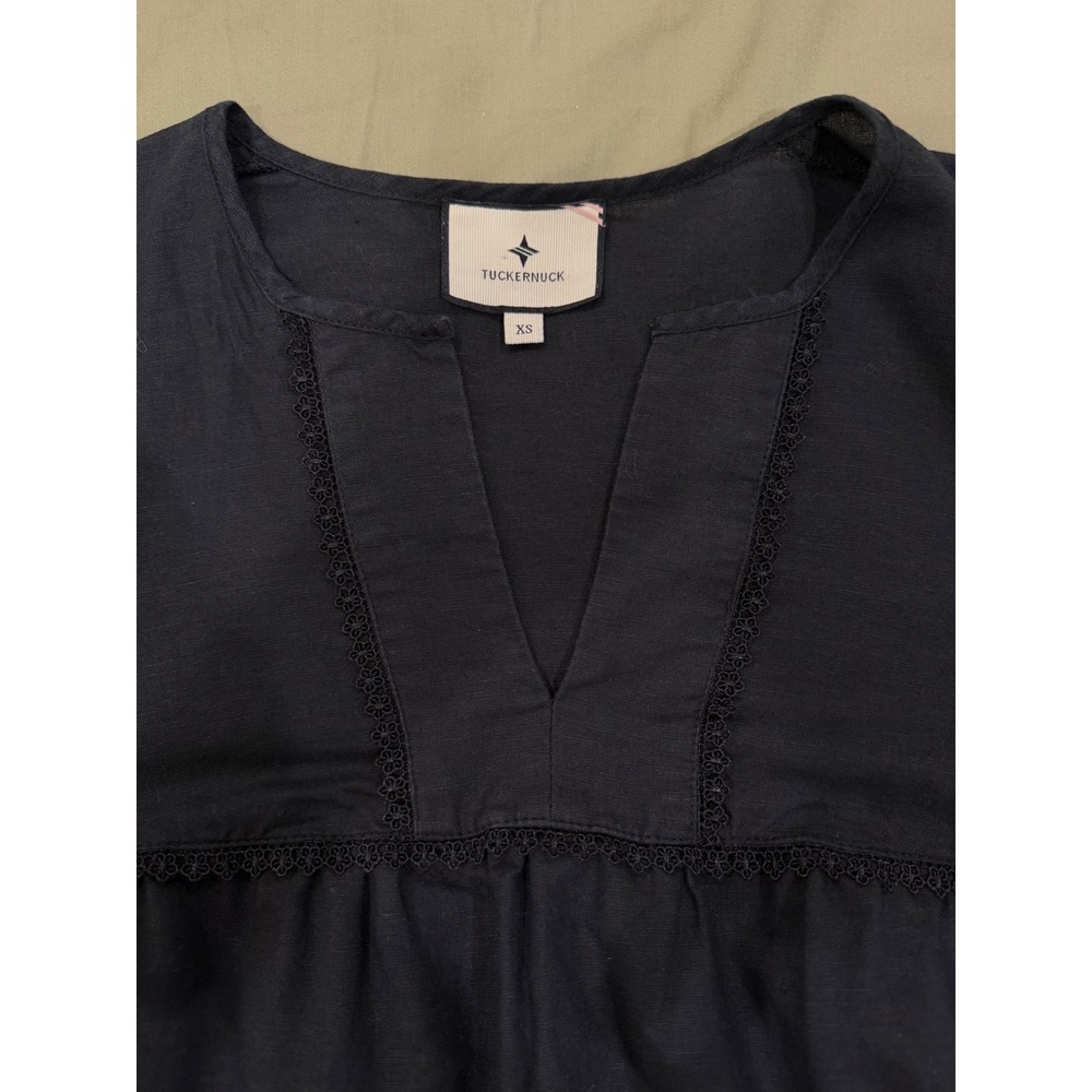 Tuckernuck Linen Babydoll Mini Dress Black XS Puff Sleeve V-neck Relaxed Casual - Picture 6 of 7